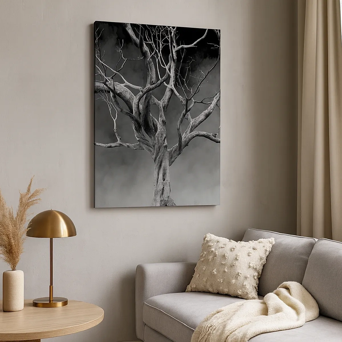 Quadro su tela - Stampe su Tela - Un albero secco in bianco e nero contro la nebbia - 50x70cm - Primordiale e sacro - Decorazione murale moderna per soggiorno e camera da letto ARTTOR