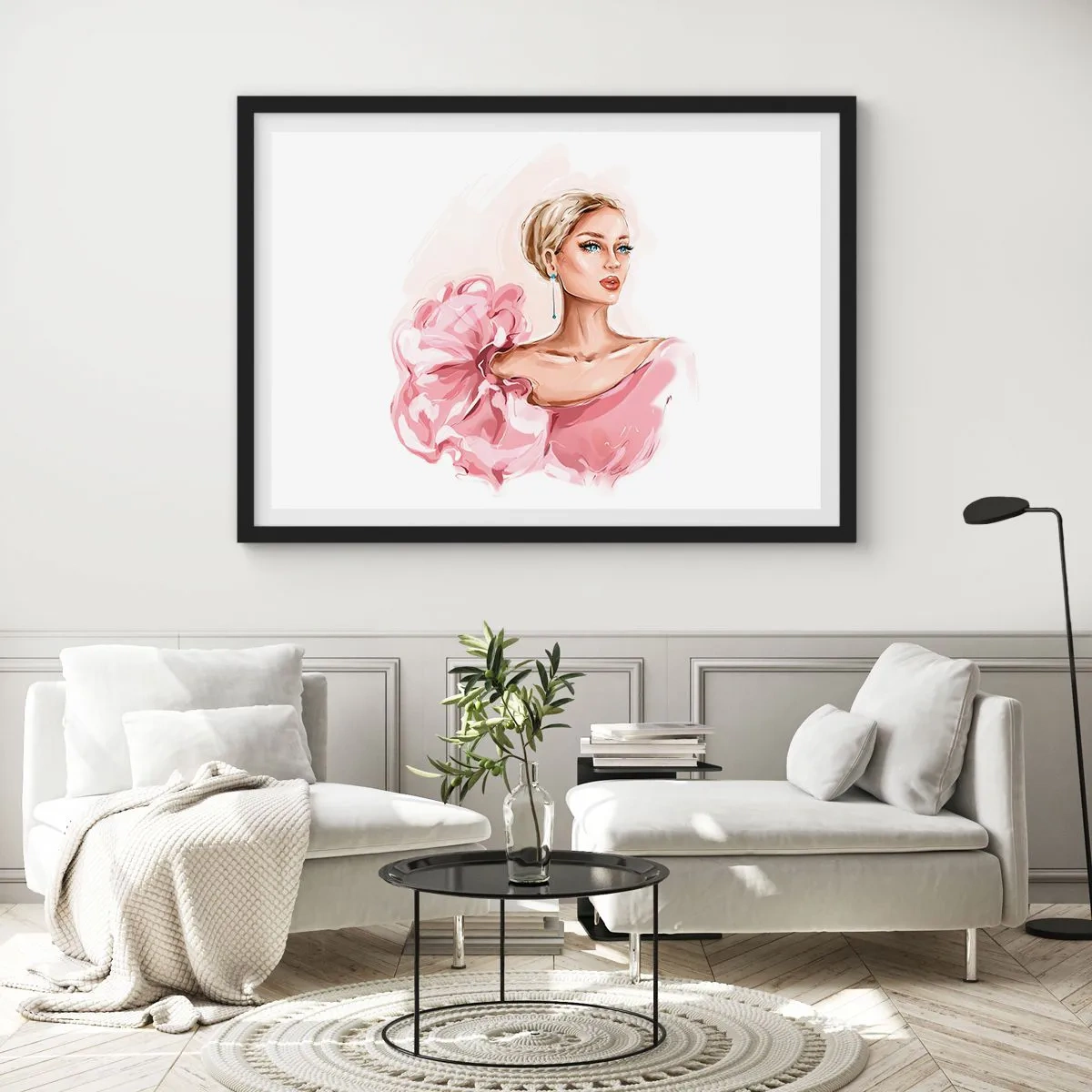 Poster in cornice nera - Ritratto di una donna in abito rosa su sfondo chiaro - 70x50cm - Come un quadro... - Decorazione murale moderna per soggiorno e camera da letto ARTTOR
