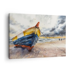 Quadro su tela - Stampe su Tela - Una pittoresca barca sulla spiaggia sotto un cielo nuvoloso - 70x50cm - Riposo sulla riva - Decorazione murale moderna per soggiorno e camera da letto ARTTOR