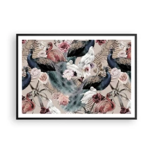 Poster in cornice nera - Un paesaggio con piume di pavone, rose e uccelli in stile romantico. - 100x70cm - Nel giardino del palazzo - Decorazione murale moderna per soggiorno e camera da letto ARTTOR