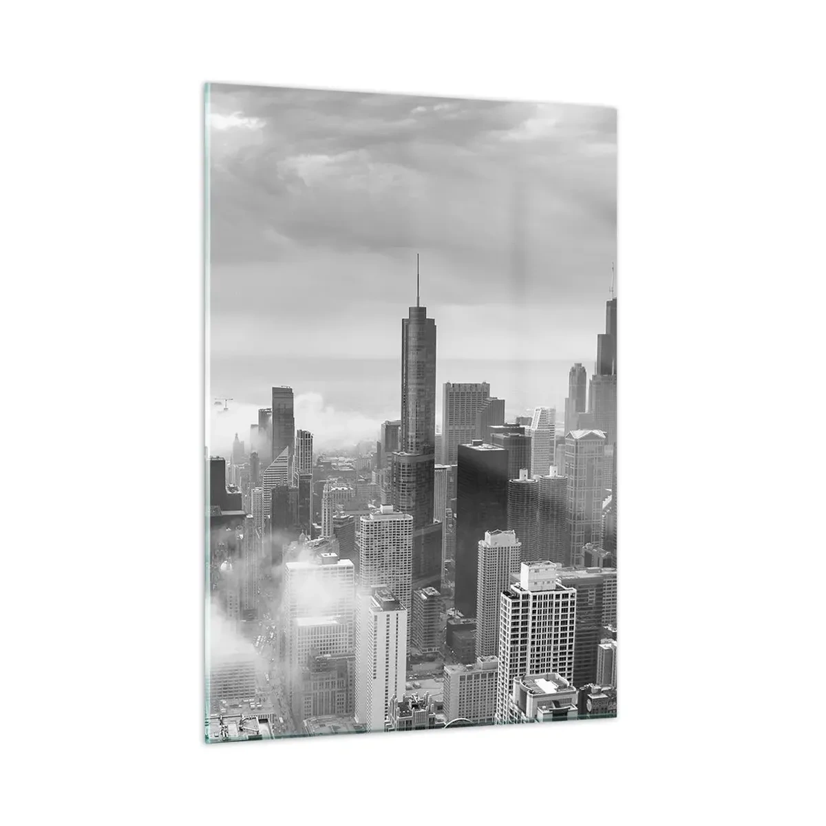 Quadro su vetro - Panorama della città con grattacieli in bianco e nero - 50x70cm - Paesaggio americano - Decorazione murale moderna per soggiorno e camera da letto ARTTOR