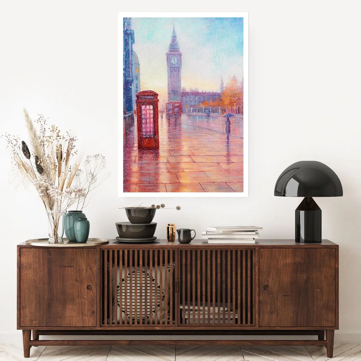 Poster - Il Big Ben e la cabina telefonica rossa in una giornata piovosa - 50x70cm - Giorno d'autunno a Londra - Decorazione murale moderna per soggiorno e camera da letto ARTTOR