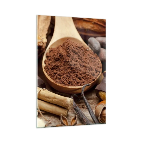 Quadro su vetro - Un cucchiaio di cacao e ingredienti al cioccolato in una disposizione rustica - 80x120cm - Ideale per i momenti di tristezza - Decorazione murale moderna per soggiorno e camera da letto ARTTOR