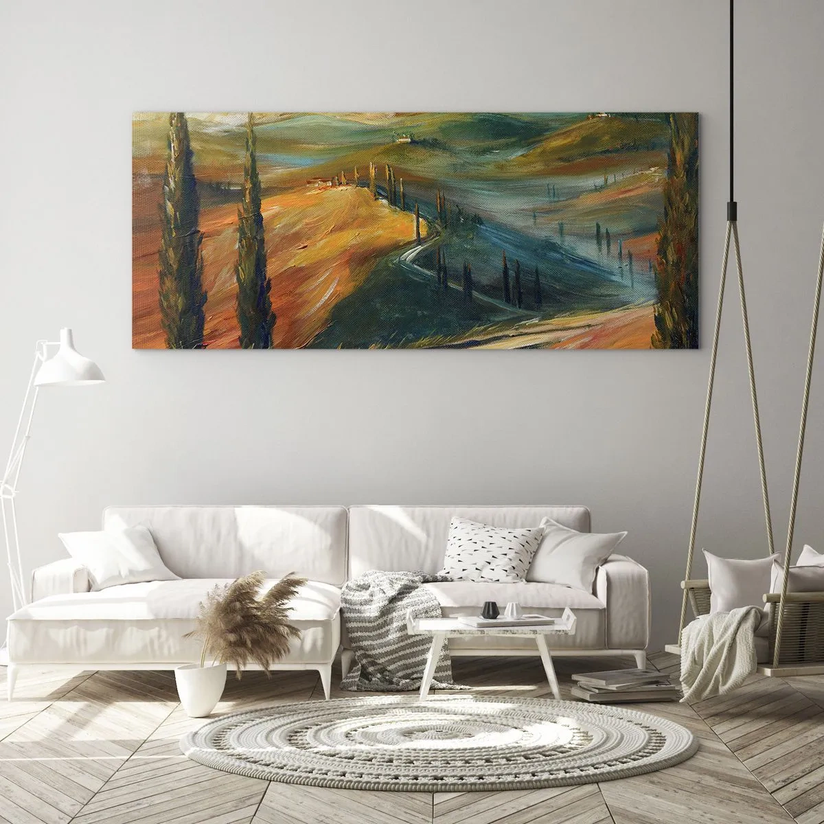 Quadro su vetro - Paesaggio toscano con campi, strada e cipressi - 160x50cm - Paesaggio toscano - Decorazione murale moderna per soggiorno e camera da letto ARTTOR