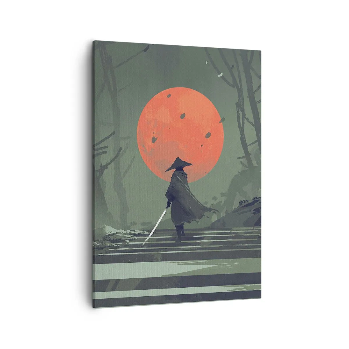 Quadro su tela - Stampe su Tela - Un guerriero solitario con una spada sullo sfondo di una luna rossa in una foresta oscura. - 50x70cm - Il guerriero della luna rossa - Decorazione murale moderna per soggiorno e camera da letto ARTTOR