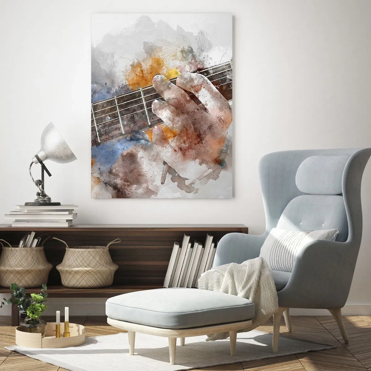 Quadro su vetro - Motivo acquerello di una mano che suona una chitarra - 50x70cm - Poesia tra le corde - Decorazione murale moderna per soggiorno e camera da letto ARTTOR