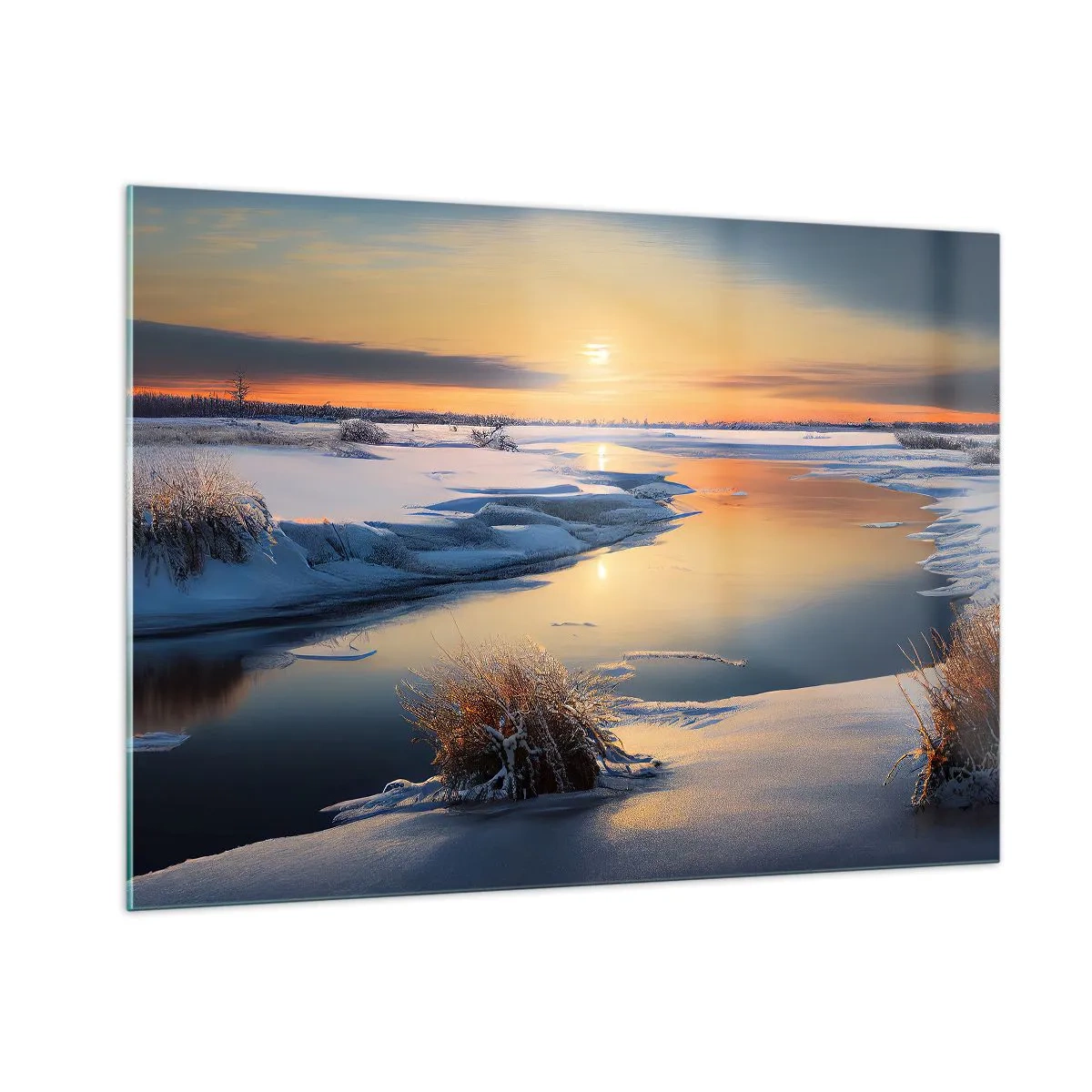 Quadro su vetro - Paesaggio invernale con tramonto su un fiume ghiacciato - 100x70cm - Tramonto invernale - Decorazione murale moderna per soggiorno e camera da letto ARTTOR