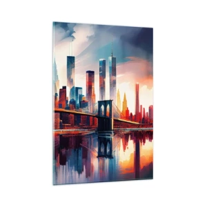 Quadro su vetro - Panorama di New York City con ponte e riflesso nell'acqua - 80x120cm - Una New York spettacolare - Decorazione murale moderna per soggiorno e camera da letto ARTTOR