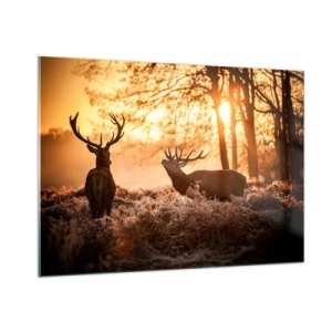 Quadro su vetro - Due cervi in una scena di foresta all'alba - 100x70cm - Il sogno del cacciatore - Decorazione murale moderna per soggiorno e camera da letto ARTTOR