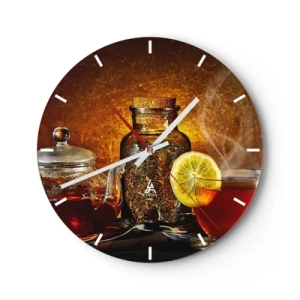 Orologio da parete - Orologio in Vetro - Tè al limone e un barattolo di erbe essiccate su uno sfondo dorato - 30x30cm - Nello stile dei maestri olandesi - Decorazione murale moderna per soggiorno, cucina e camera da letto ARTTOR