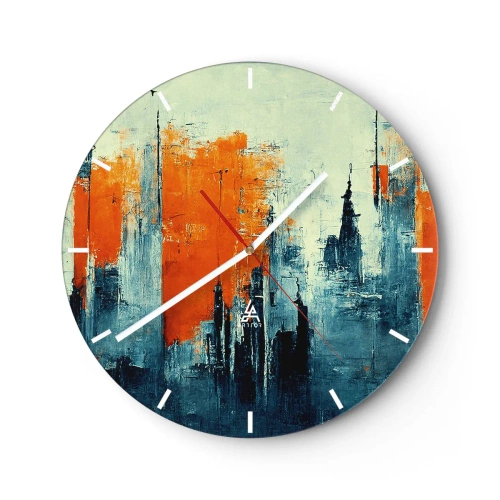 Orologio da parete - Orologio in Vetro - Panorama urbano astratto nei toni dell'arancione e del blu navy - 30x30cm - Paesaggio moderno - Decorazione murale moderna per soggiorno, cucina e camera da letto ARTTOR