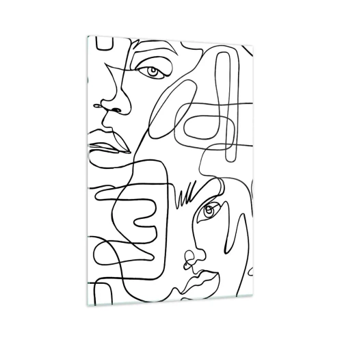 Quadro su vetro - Un disegno minimalista di un viso con linee su uno sfondo chiaro. - 70x100cm - Emozioni intrecciate - Decorazione murale moderna per soggiorno e camera da letto ARTTOR