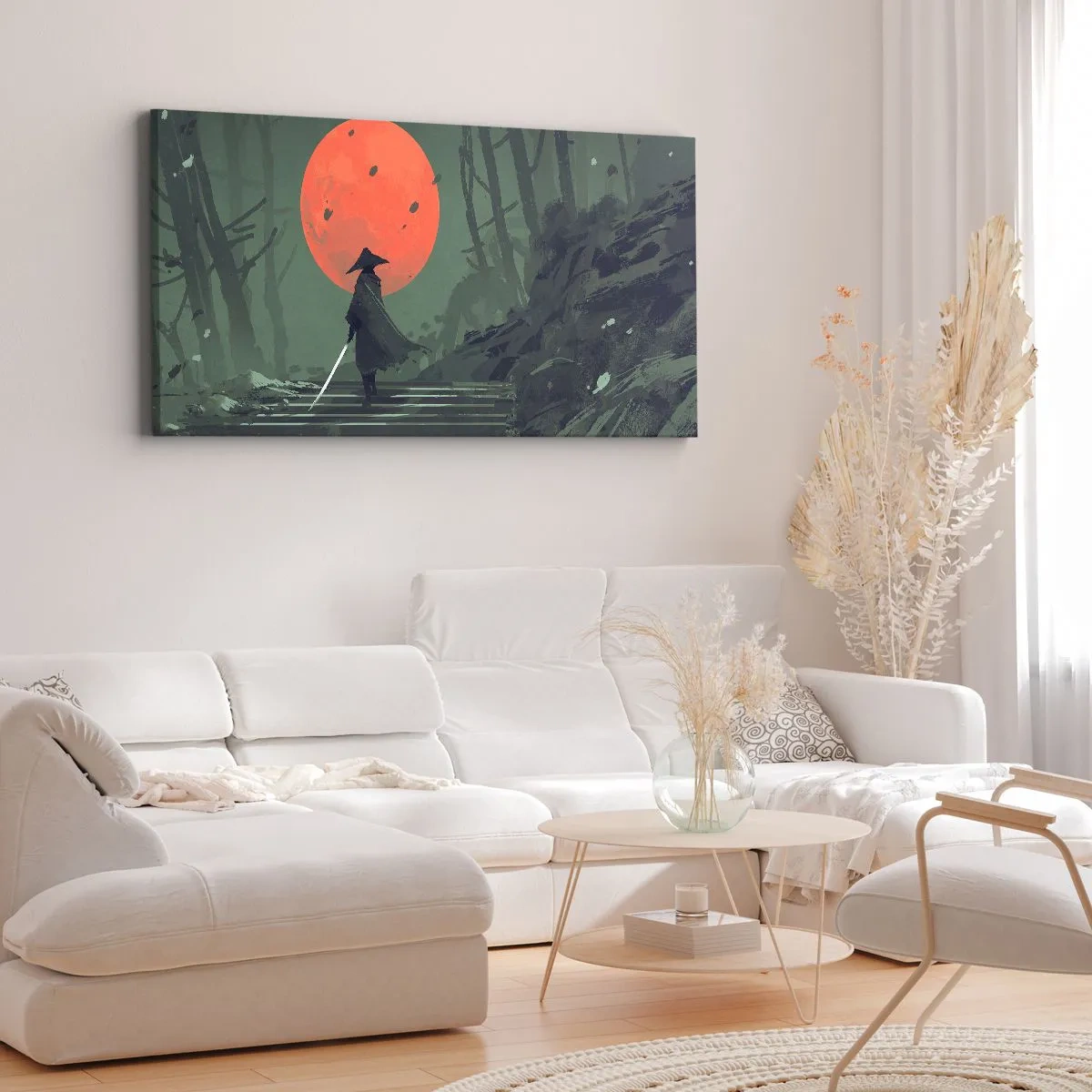 Quadro su tela - Stampe su Tela - Un guerriero solitario con una spada sullo sfondo di una luna rossa in una foresta oscura. - 120x50cm - Il guerriero della luna rossa - Decorazione murale moderna per soggiorno e camera da letto ARTTOR