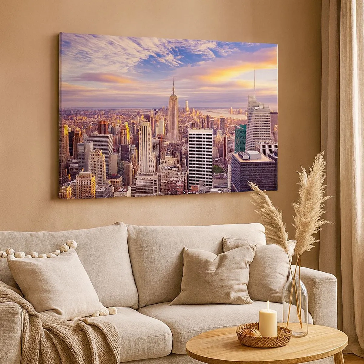 Quadro su tela - Stampe su Tela - Panorama di una città moderna con grattacieli al tramonto - 70x50cm - Toccando le nuvole - Decorazione murale moderna per soggiorno e camera da letto ARTTOR