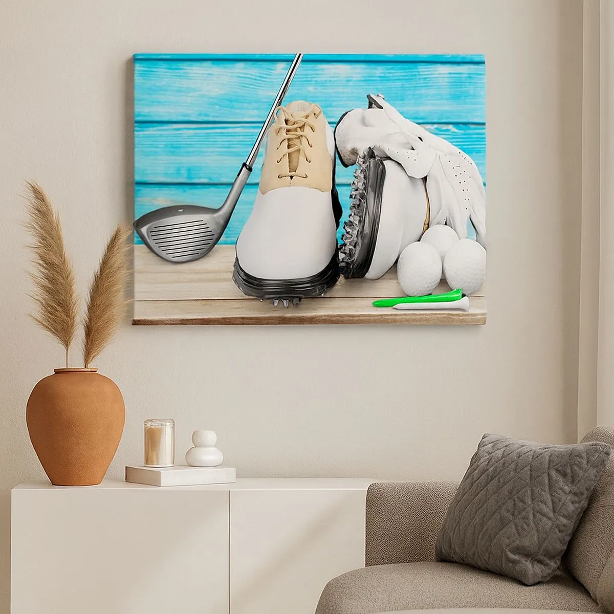 Quadro su tela - Stampe su Tela - Un set di accessori da golf su uno sfondo di legno - 70x50cm - Tutto è pronto - Decorazione murale moderna per soggiorno e camera da letto ARTTOR