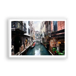 Poster in cornice bianca - Paesaggio veneziano con gondola e ponte - 91x61 cm