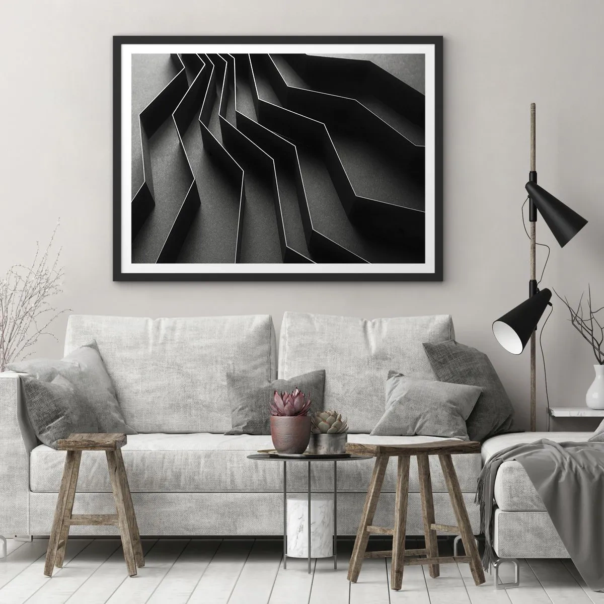 Poster in cornice nera - Astrazione in bianco e nero con strutture geometriche - 100x70cm - Ordine tridimensionale - Decorazione murale moderna per soggiorno e camera da letto ARTTOR