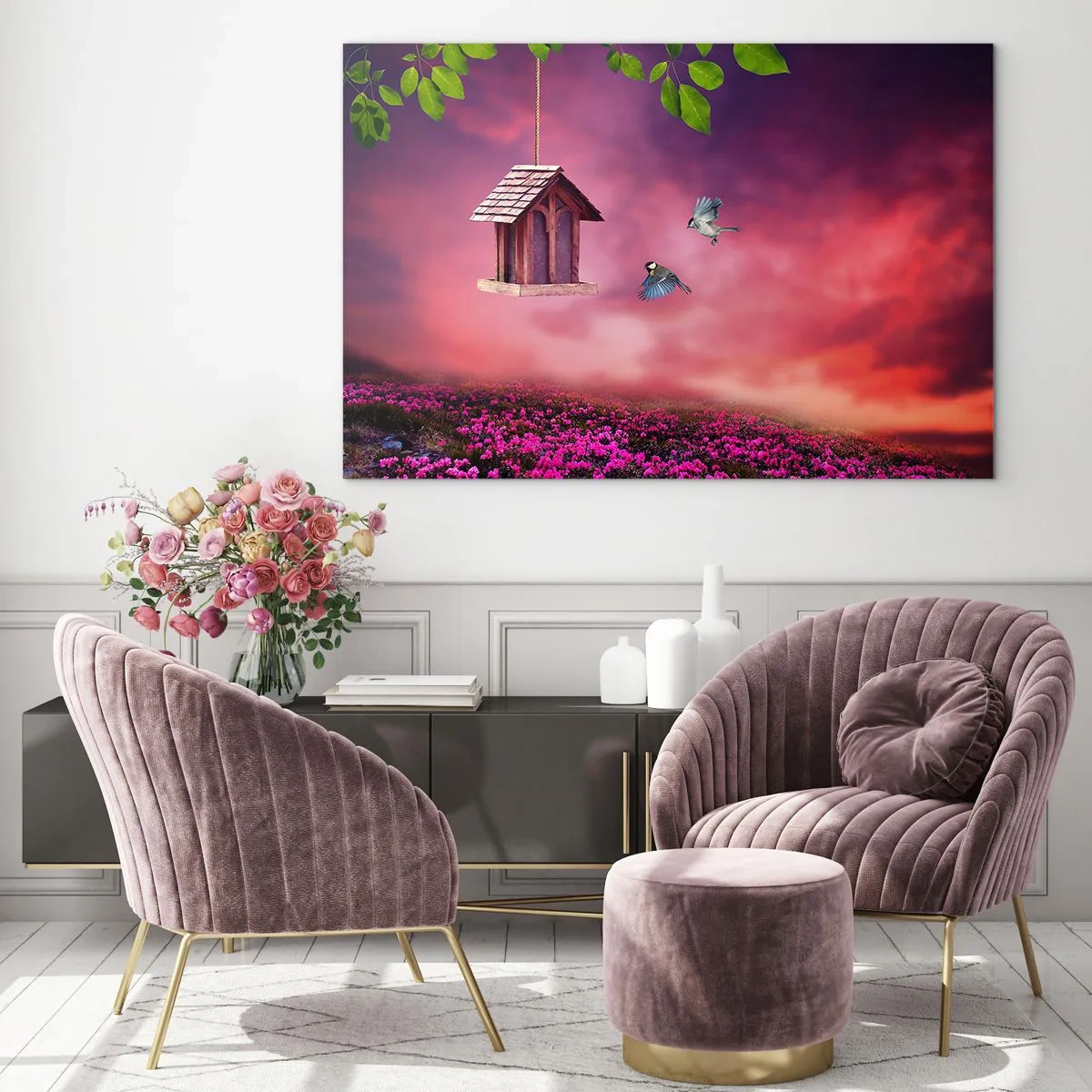 Quadro su vetro - Una mangiatoia per uccelli contro un cielo rosa - 120x80cm - Invito a cena - Decorazione murale moderna per soggiorno e camera da letto ARTTOR