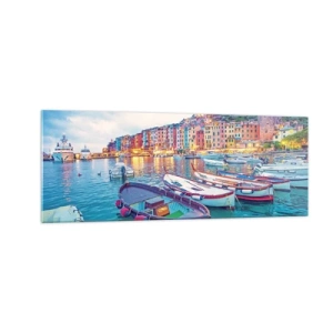 Quadro su vetro - Una colorata città sul lungomare con barche nel porto - 140x50cm - Sera colorata nel porto - Decorazione murale moderna per soggiorno e camera da letto ARTTOR