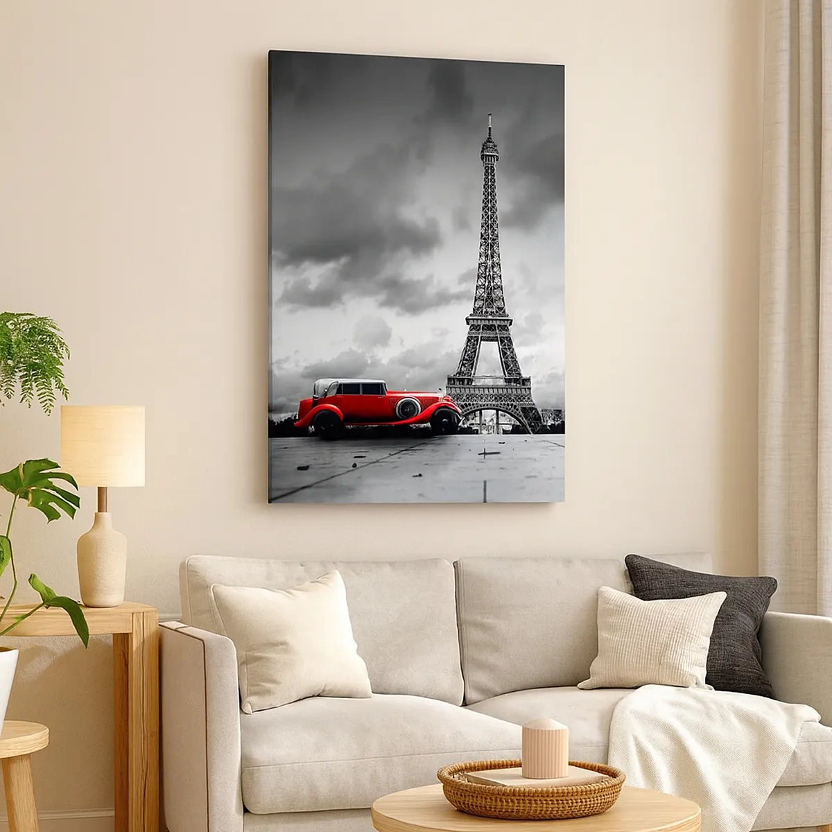 Quadro su tela - Stampe su Tela - Auto retrò rossa davanti alla Torre Eiffel in bianco e nero - 50x70cm - Non molto tempo fa a Parigi - Decorazione murale moderna per soggiorno e camera da letto ARTTOR