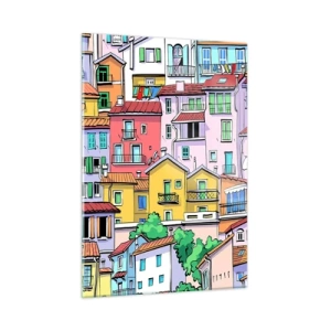 Quadro su vetro - Case popolari colorate in stile cartone animato, ricche di dettagli - 50x70cm - Città allegra - Decorazione murale moderna per soggiorno e camera da letto ARTTOR