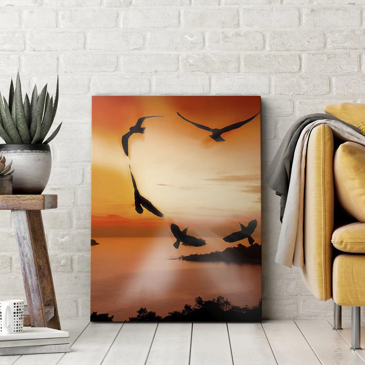 Quadro su tela - Stampe su Tela - Uccelli che formano un cuore sullo sfondo del sole al tramonto - 50x70cm - Ama il mondo come fanno gli uccelli - Decorazione murale moderna per soggiorno e camera da letto ARTTOR