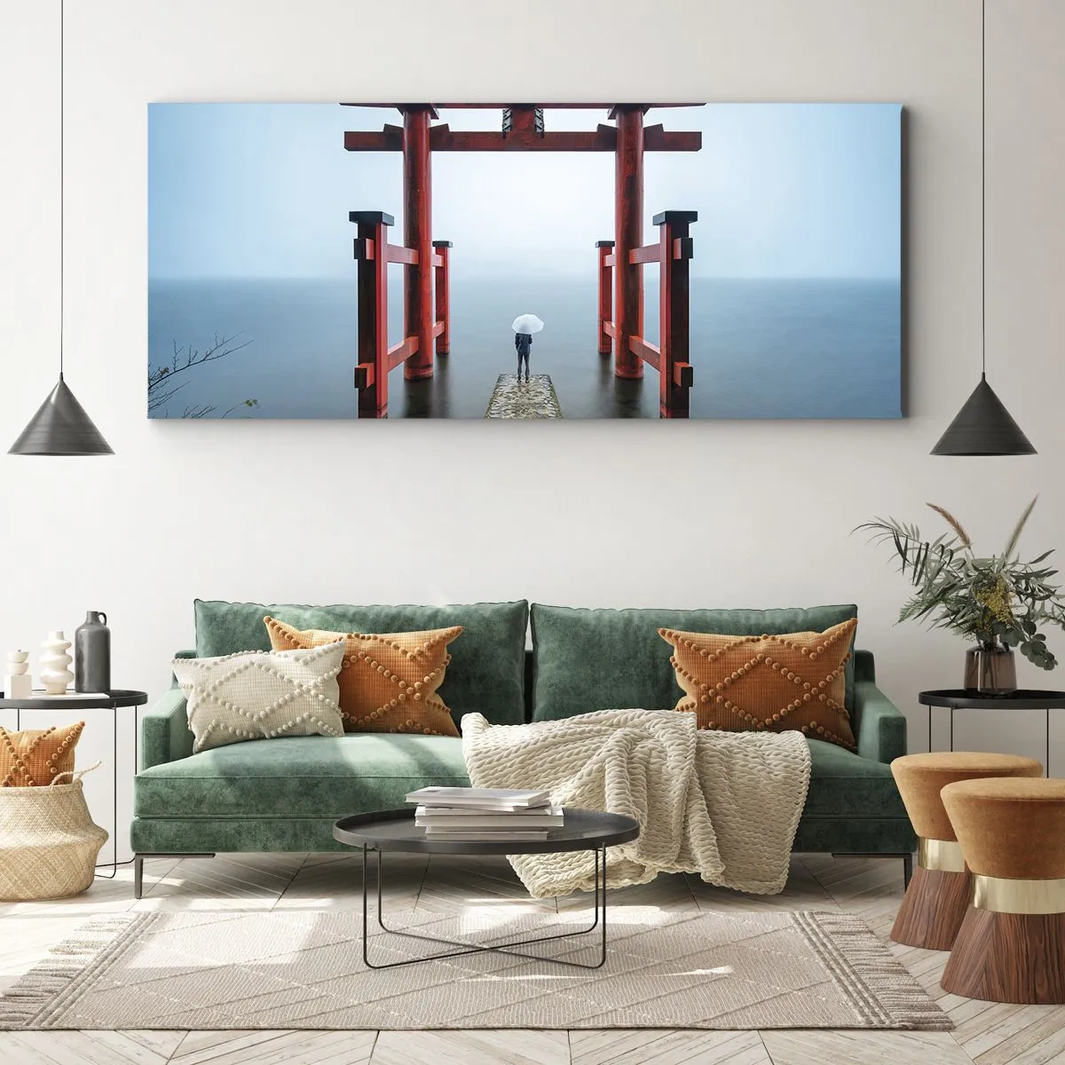 Quadro su tela - Stampe su Tela - Un cancello torii che si affaccia su un tranquillo lago in Giappone - 160x50cm - Meditazione giapponese - Decorazione murale moderna per soggiorno e camera da letto ARTTOR