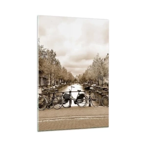Quadro su vetro - Ponte ciclabile sul canale in seppia - 80x120cm - Atmosfera olandese - Decorazione murale moderna per soggiorno e camera da letto ARTTOR