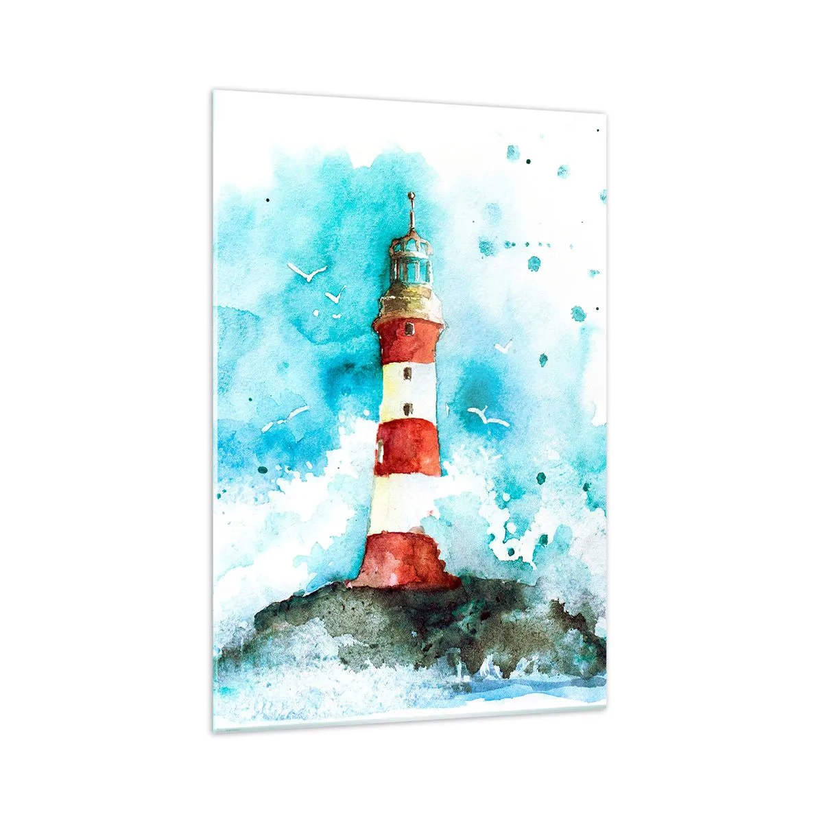 Quadro su vetro - Un faro in un ambiente acquerello con uno sfondo blu - 70x100cm - L'unità dei quattro elementi - Decorazione murale moderna per soggiorno e camera da letto ARTTOR