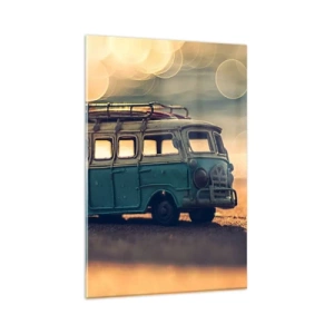Quadro su vetro - Autobus retrò contro la luce sfocata - 80x120cm - La fine degli idoli: denaro e lavoro - Decorazione murale moderna per soggiorno e camera da letto ARTTOR