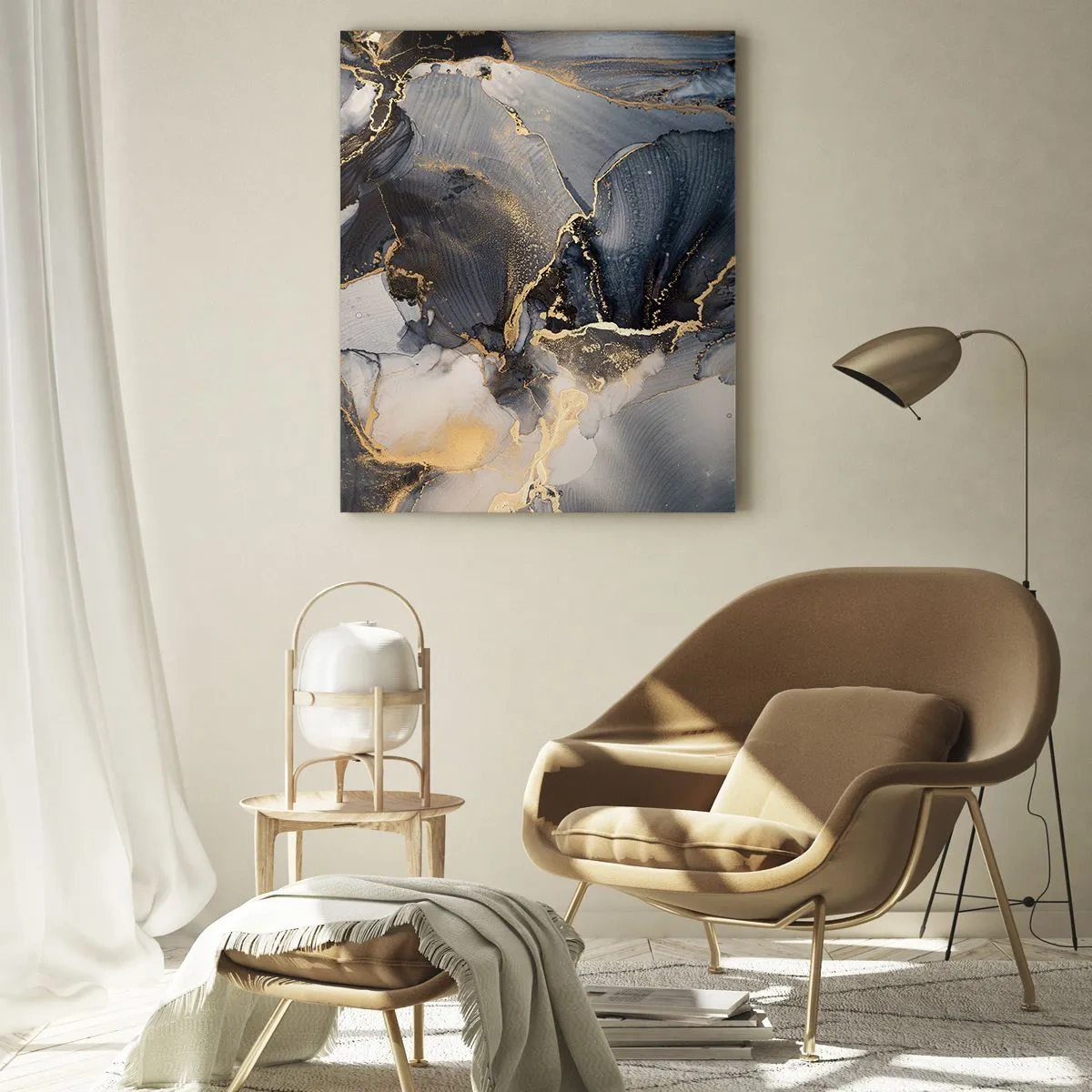 Quadro su vetro - Astrazione scura con effetto marmo e venature dorate - 50x70cm - Vita di pietra - Decorazione murale moderna per soggiorno e camera da letto ARTTOR