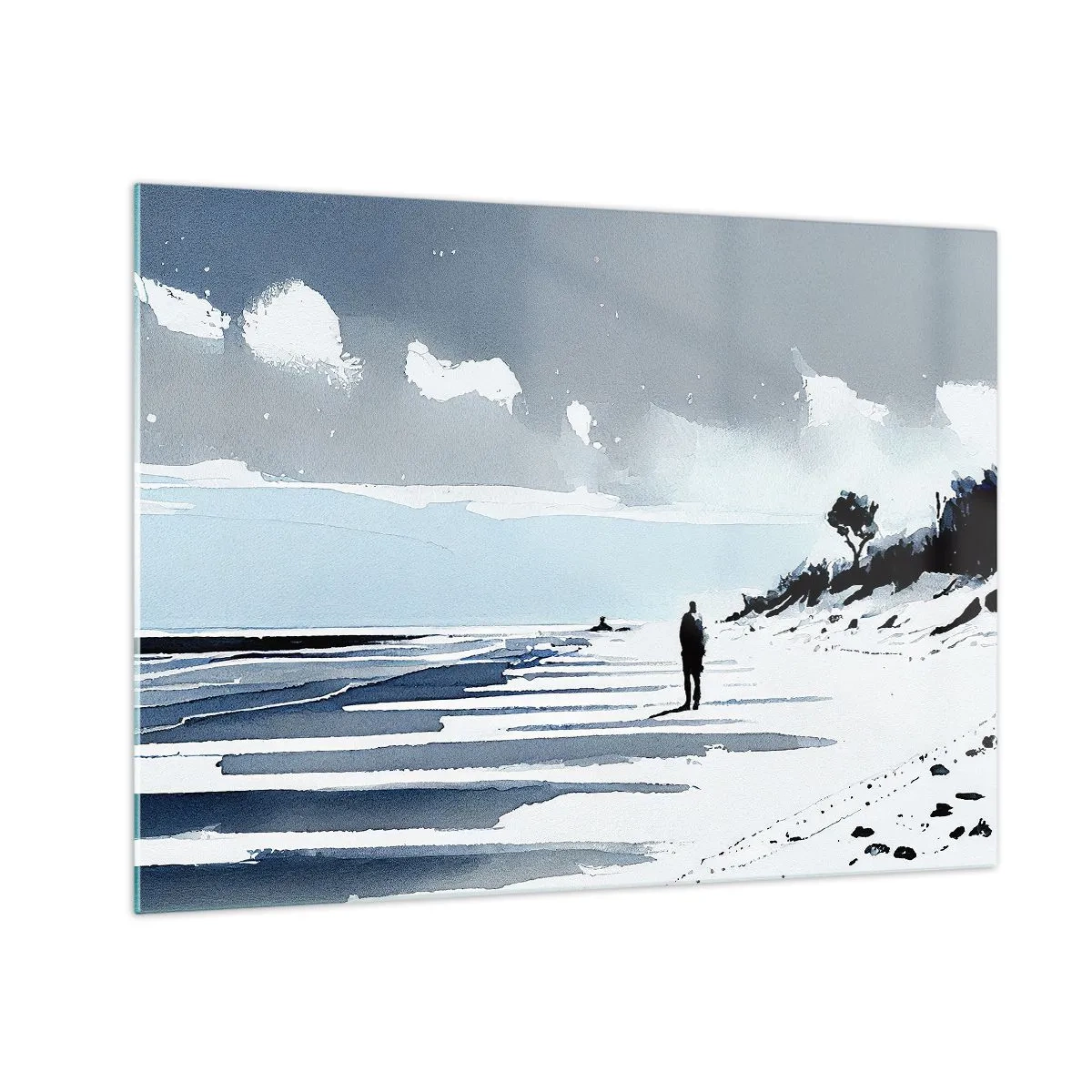 Quadro su vetro - Silhouette di una persona sola che cammina su una spiaggia deserta - 70x50cm - Solo con se stesso - Decorazione murale moderna per soggiorno e camera da letto ARTTOR