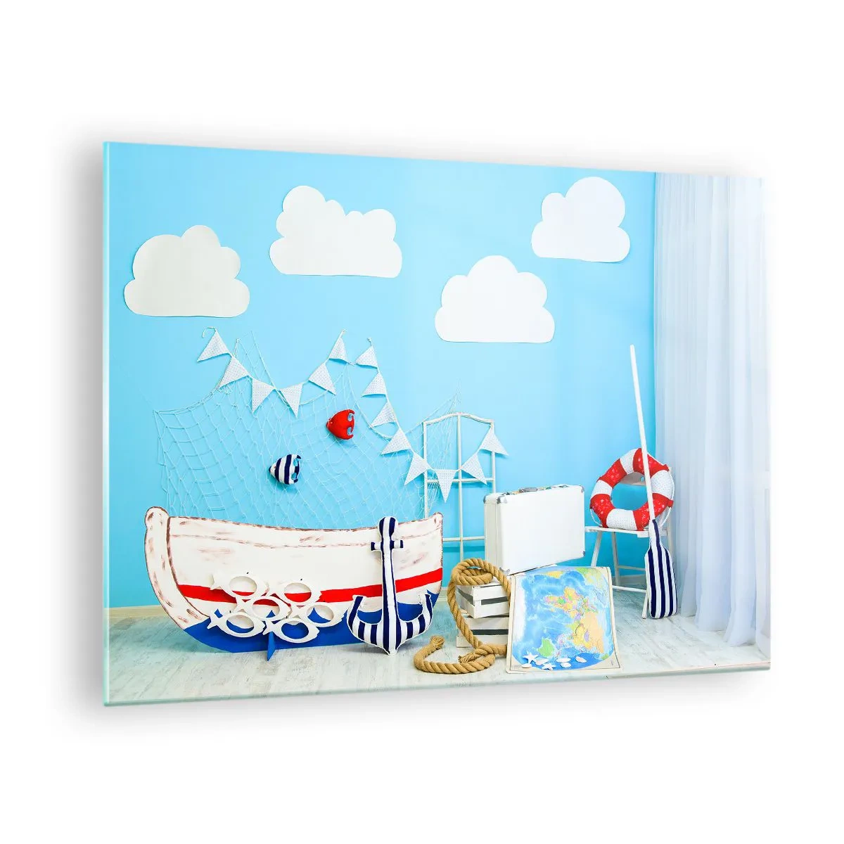 Quadro su vetro - Scena marina decorativa con barca e oggetti di scena nautici - 70x50cm - La nostalgia delle avventure dei bambini - Decorazione murale moderna per soggiorno e camera da letto ARTTOR