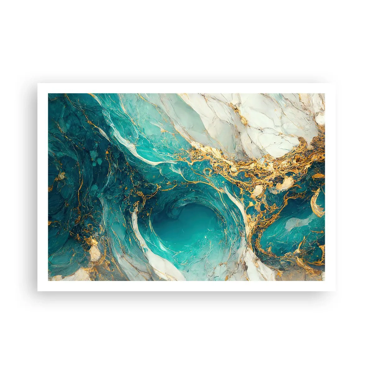 Poster - Una composizione astratta nei toni del turchese e dell'oro. - 100x70cm - Composizione con vene d'oro - Decorazione murale moderna per soggiorno e camera da letto ARTTOR