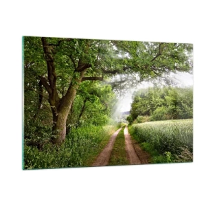Quadro su vetro - Una strada forestale immersa nel verde sotto i raggi del sole - 120x80cm - Et in Arcadia ego - Decorazione murale moderna per soggiorno e camera da letto ARTTOR
