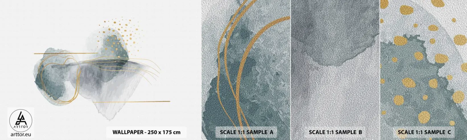 Campione di Fotomurale Premium Sand - Sui legami del grigio e dell'oro - Astrazione, Pezzo, Forme interessanti - 100x30 cm