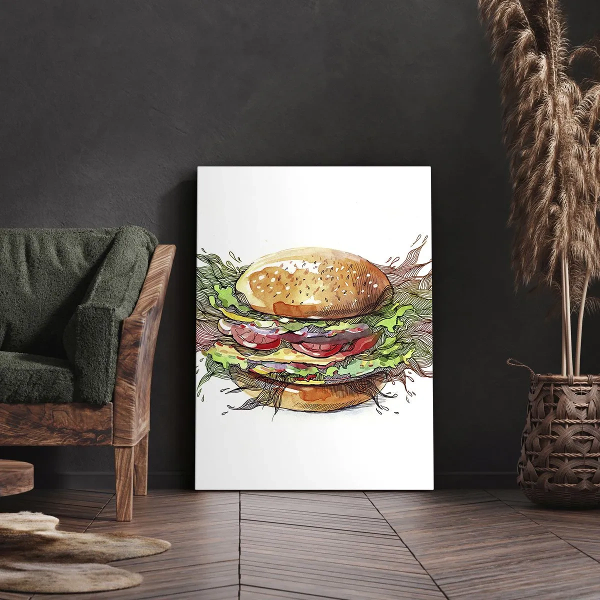 Quadro su tela - Stampe su Tela - Illustrazione artistica di un hamburger con elementi dinamici - 80x120cm - Una tentazione calda - Decorazione murale moderna per soggiorno e camera da letto ARTTOR