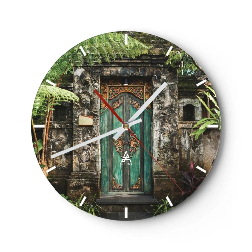 Orologio da parete - Orologio in Vetro - Una porta verde decorata in un muro di pietra circondato dalla vegetazione - 30x30cm - Le porte verso un mondo esotico - Decorazione murale moderna per soggiorno, cucina e camera da letto ARTTOR