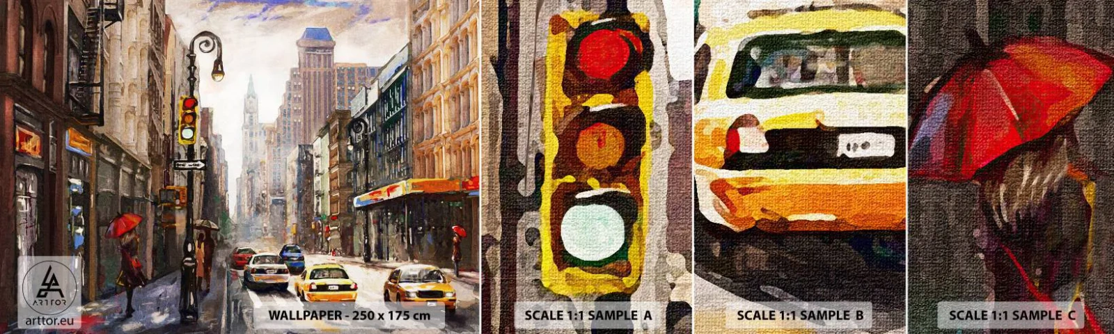 Campione di Fotomurale Adesivo Deluxe Sticker - New York: colorata anche sotto la pioggia - New York, Città, Manhattan - 100x30 cm