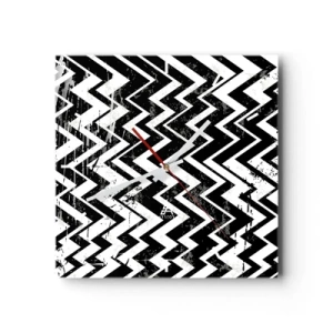 Orologio da parete - Orologio in Vetro - Motivo a zigzag bianco e nero con abrasioni artistiche - 30x30cm - Zig-bianco, zag-nero - Decorazione murale moderna per soggiorno e camera da letto ARTTOR