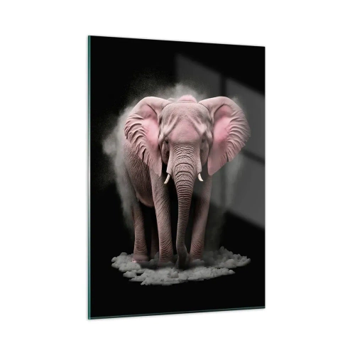 Quadro su vetro - Un elefante rosa su sfondo nero circondato da una nuvola di polvere. - 50x70cm - Non pensare all'elefante rosa! - Decorazione murale moderna per soggiorno e camera da letto ARTTOR