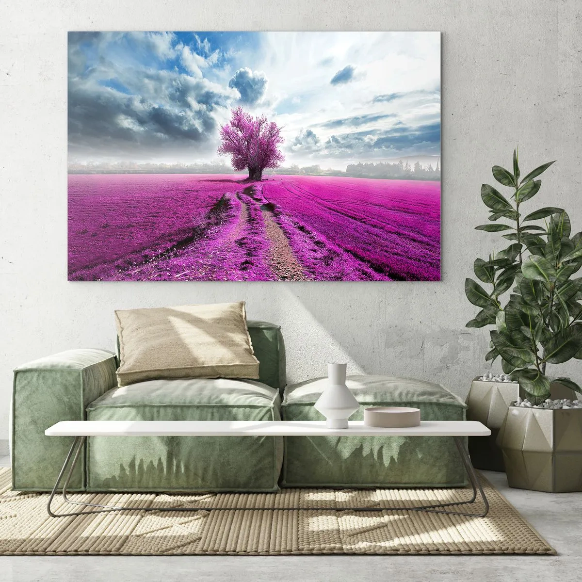Quadro su vetro - Un albero in un campo di erica sotto un cielo dinamico - 120x80cm - Brughiera selvatica - Decorazione murale moderna per soggiorno e camera da letto ARTTOR