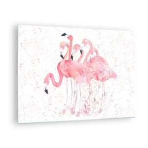 Quadro su vetro - Fenicotteri acquerellati su uno sfondo chiaro con punti delicati - 70x50cm - Gruppo in rosa - Decorazione murale moderna per soggiorno e camera da letto ARTTOR