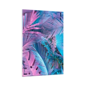 Quadro su vetro - Foglie tropicali nelle tonalità del rosa e del blu - 70x100cm - Tropici in rosa e blu - Decorazione murale moderna per soggiorno e camera da letto ARTTOR