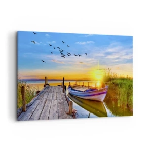 Quadro su tela - Stampe su Tela - Una barca su un molo di legno al tramonto - 100x70cm - A domani - Decorazione murale moderna per soggiorno e camera da letto ARTTOR