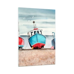 Quadro su vetro - Tre barche da pesca colorate in riva al mare - 50x70cm - Pronte alla pesca - Decorazione murale moderna per soggiorno e camera da letto ARTTOR