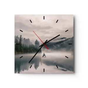Orologio da parete - Orologio in Vetro - Una foresta nebbiosa riflessa in un lago calmo - 30x30cm - Riflettendo nella nebbia - Decorazione murale moderna per soggiorno e camera da letto ARTTOR