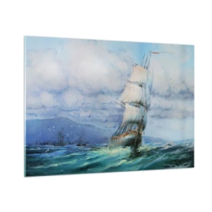 Quadro su vetro - Una nave con le vele che naviga su un mare in tempesta sotto un cielo nuvoloso - 100x70cm - Con il vento in favore - Decorazione murale moderna per soggiorno e camera da letto ARTTOR