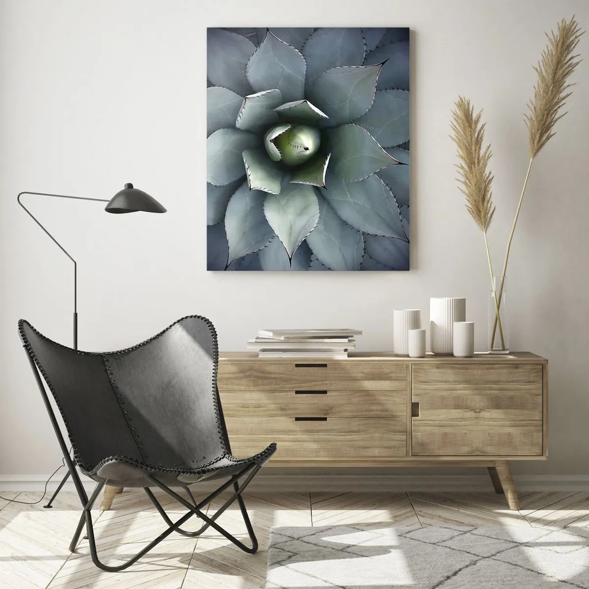 Quadro su vetro - Primo piano di una rosetta di agave in delicate tonalità di verde - 80x120cm - Adesca e minaccia - Decorazione murale moderna per soggiorno e camera da letto ARTTOR