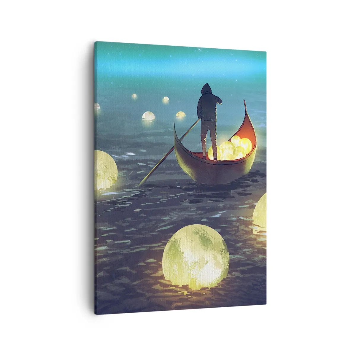 Quadro su tela - Stampe su Tela - Una figura in una barca circondata da sfere luminose sull'acqua - 50x70cm - Cose che neanche i filosofi hanno sognato - Decorazione murale moderna per soggiorno e camera da letto ARTTOR